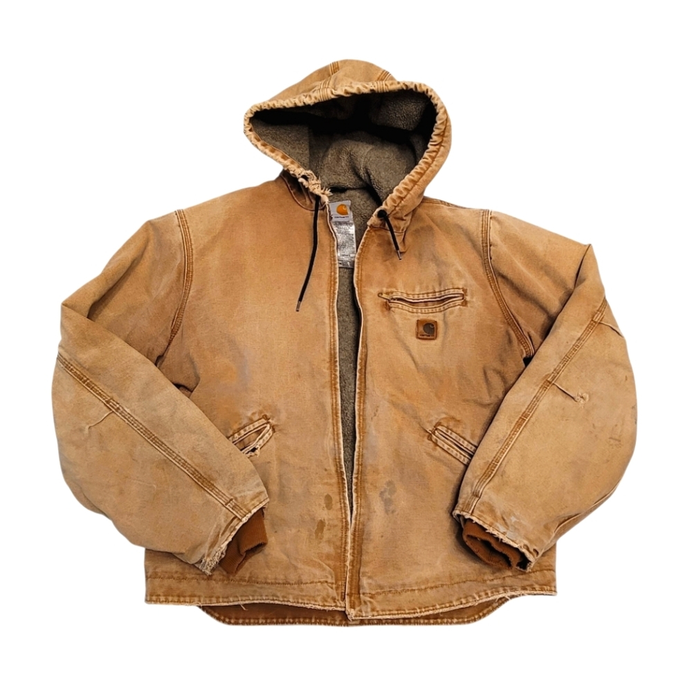 Carhartt J141 Mens Vinatge Sherpa Lined Jacket Coat Brown Hooded Size Large